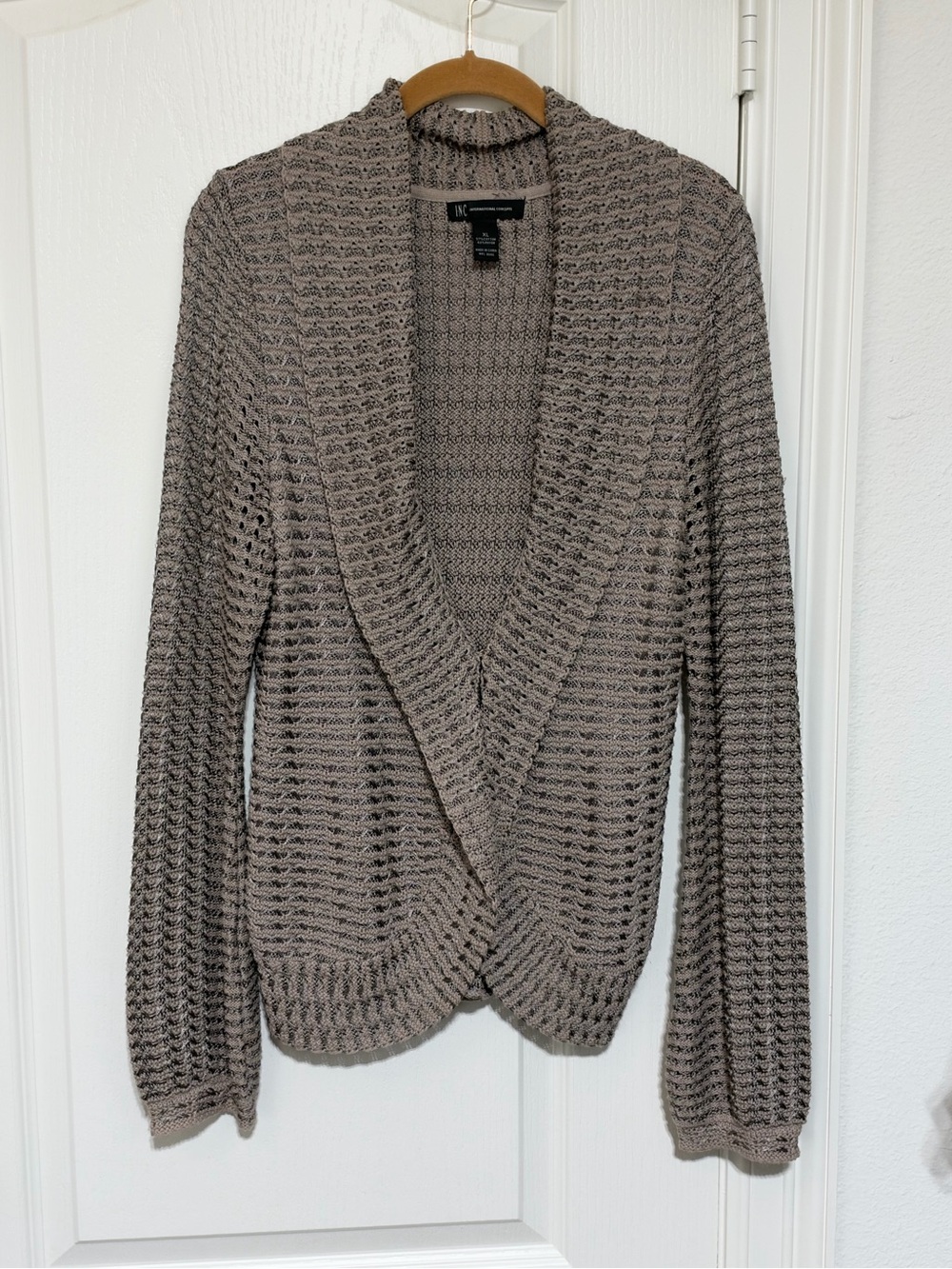 INC International Concepts Taupe Open-Knit Shawl Collar Cardigan
